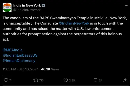 New York BAPS Swaminarayan Temple Vandalised